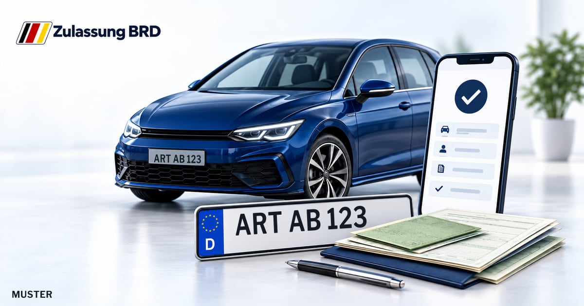Online Fahrzeugzulassung in Sondershausen: Musterkennzeichen ART AB 123, Auto und Fahrzeugpapiere und Smartphone. Illustration mit Logo von Zulassung BRD.
